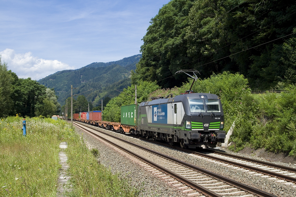 Am 4. August 2016 ist 193 236 mit Containerzug 61451 von Enns nach Kalsdorf unterwegs und konnte bei Mixnitz-Bärenschützklamm festgehalten werden. 
