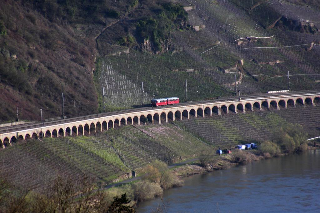 Am 4.4.2010 pendelte ein ehemaliger Reichsbahn Triebwagen 772141 im Rahmen
einer Plan Dampf Aktion zwischen Bullay und Traben Trabach. Oberhalb der 
Ortschaft Reil lichtete ich den  RB  auf der Fahrt nach Traben Trabach ab.
Noch befindet sich der Zug auf der Moselstrecke. Die Moselweinbahn, die
er nach wenigen Metern erreicht, zweigt unterhalb meines hier genutzten
Fotostandortes ab.