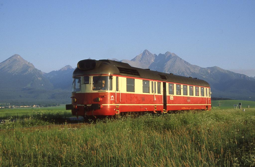 Am 4.6.2003 ist vor der Kulisse der Hohen Tatra der Altbau VT 850039 als Zug
8404 von Tatranska Lomnica kommend nach Studeny Potok unterwegs.