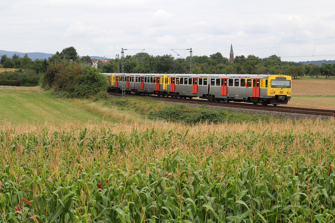 Am 5. September 2016 wurde zwischen den Stationen Seulberg und Bad Homburg diese HLB-Garnitur fotografiert.
Die Fahrzeugnummern sind mir nicht bekannt.
