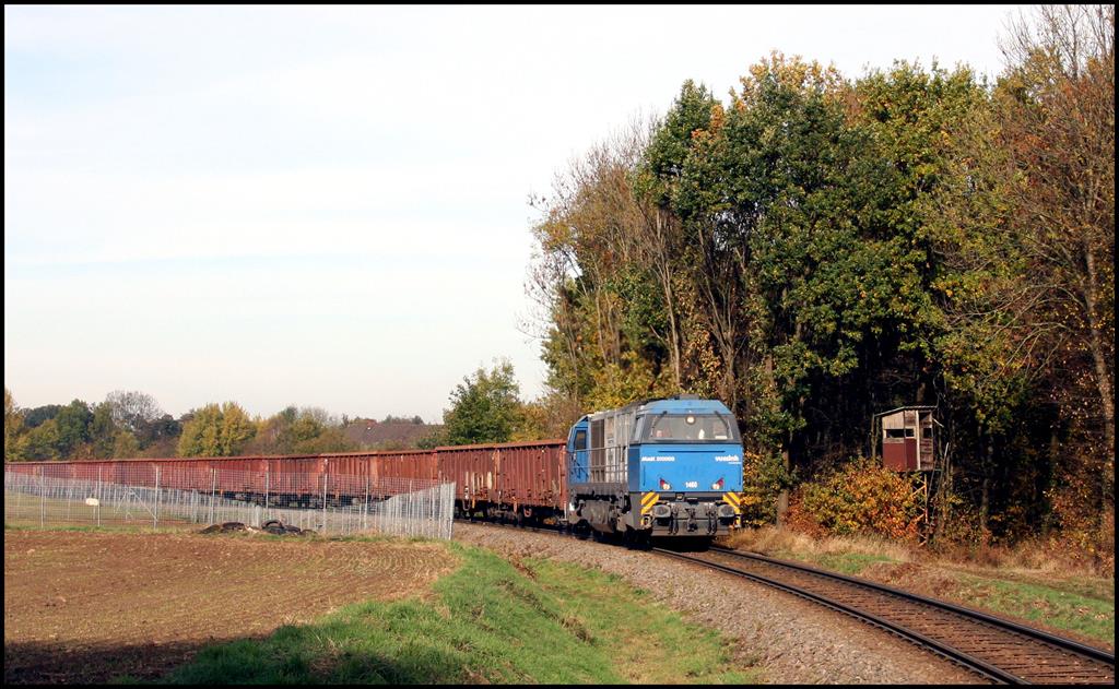 Am 6.11.2018 war auf der Hüttenbahn mal wieder eine G 2000 im Einsatz Vossloh 1460 holte den Schrott vom Hafen Osnabrück und brachte ihn nach Georgsmarienhütte. In Hasbergen Ohrbeck kam der Zug um 11.13 Uhr an mir vorbei.
