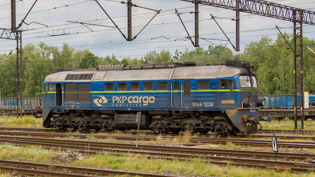Am 7. Juli 2017 im Bahnhof Wegliniec (Kohlfurt in Schlesien). ST44 1238 (M62) kam vor wenigen Minuten mit einem Güterzug an und rangiert nun neuen Aufgaben entgegen. 