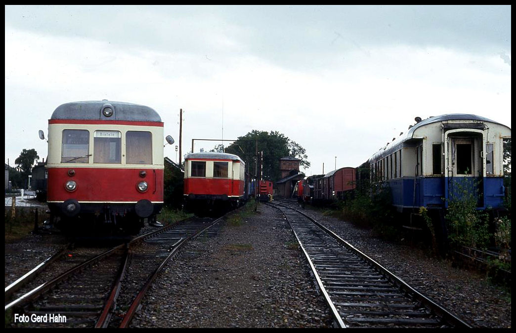 Am 7.9.1991 standen die Fahrzeuge der Dampf Eisenbahn Weserbergland noch alle in Rinteln. Hier ein Blick auf die besetzten Gleise. Vorn links ein Esslinger Triebwagen der DEW.