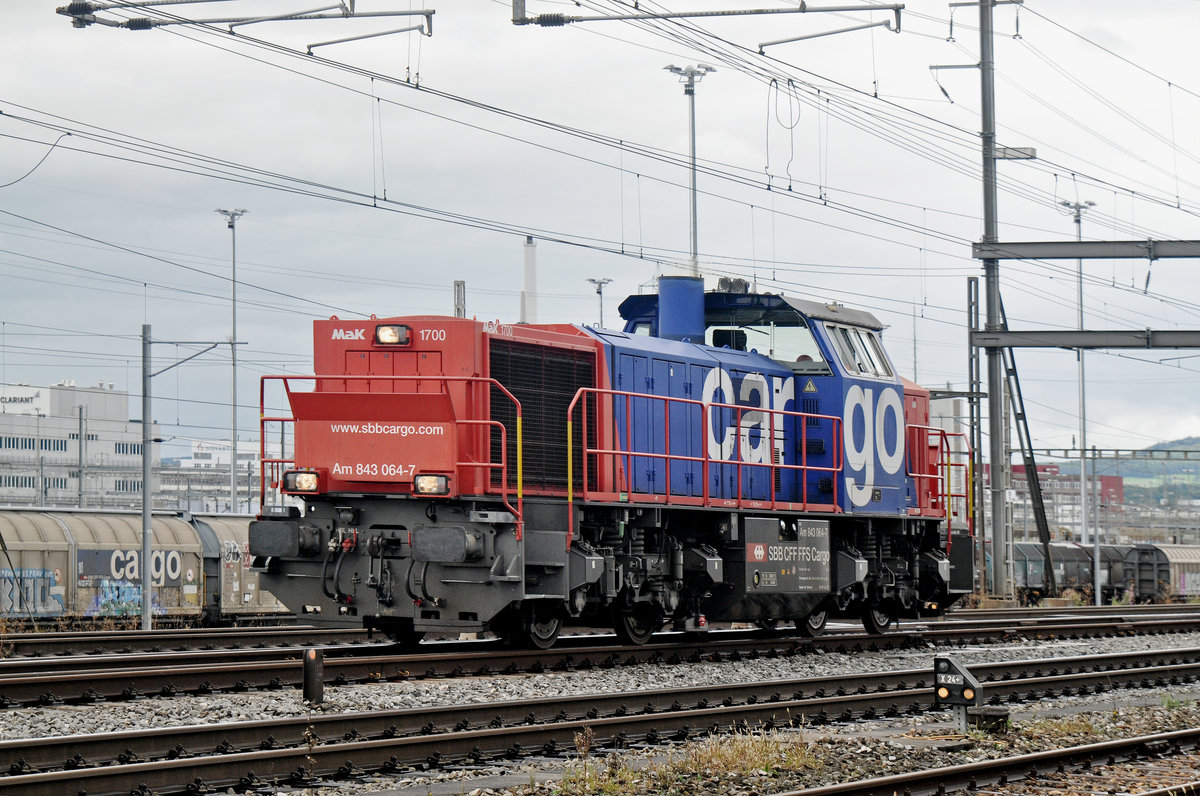 Am 843 064-7 durchfährt den Bahnhof Muttenz. Die Aufnahme stammt vom 14.09.2017.