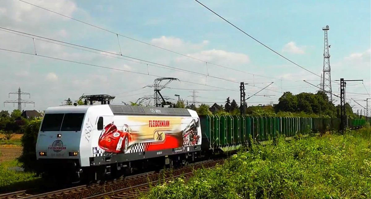 Am 8.8.12 konnte die Fleischmann 145 023 mit einem Holzzug nahe dem Ort Ahlten erwischt werden. 