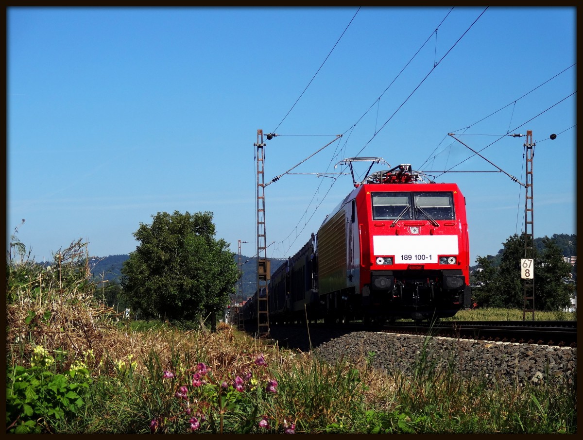 Am 8.9.2013 fuhr die frisch Lackierte 189 100 mit ihrem Gemischtem in Richtung Mannheim Friedrichsfeld. 
Aufgenommen zwischen Lützelsachsen und Heddesheim Hirschberg.