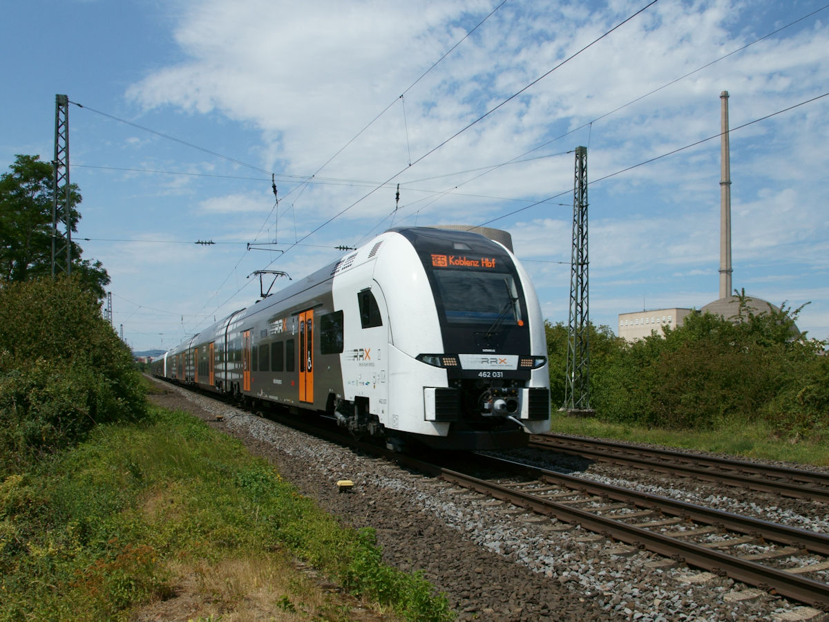 Am 9. Juni 2019 übernahm National Express den RE5 in Nordrhein-Westfalen. Am 6.7.2019 passierte 462 031 als RE5 von Wesel nach Koblenz das ehemalige Kernkraftwerk Mülheim-Kärlich.