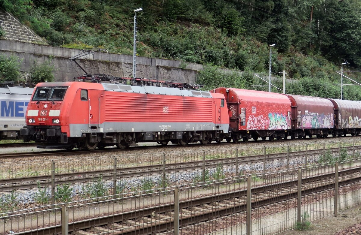 Am 9 September 2022 durchfahrt 189 001 samt deren Stahlzug Bad Schandau.