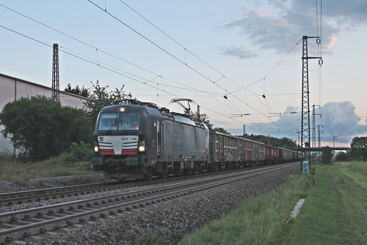 Am Abend des 12.08.2019 fuhr MRCE/DBC X4 E-700 (193 700-2) mit einem gemischten Güterzug (Basel Bad Rbf - Mannheim Rbf) beim Haltepunkt von Auggen durchs Markgräflerland in Richtung Freiburg (Breisgau).
