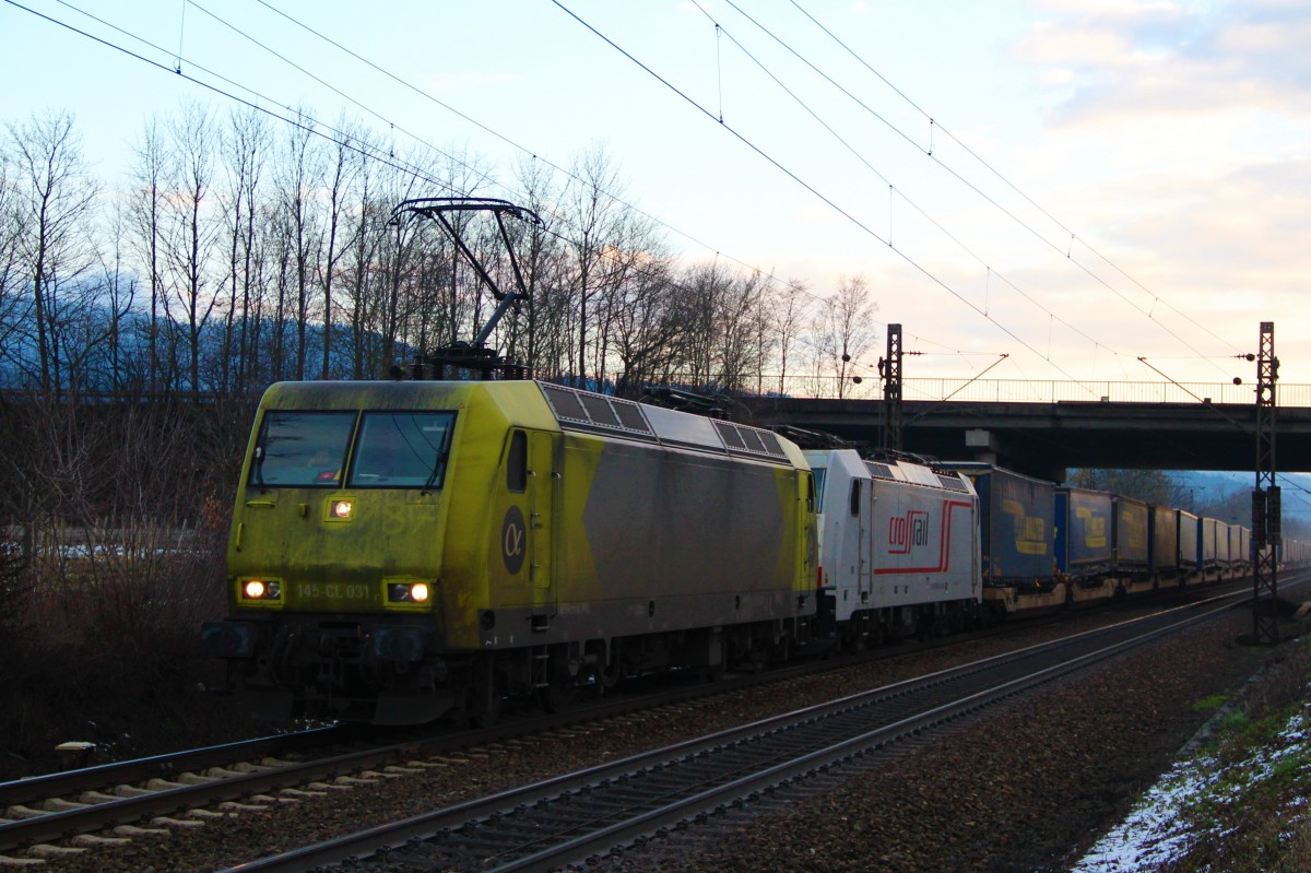 Am Abend des 25.02.2016 kam Alpha Trains/Crossrail 145-CL 031 mit 186 904-9 und einem Walther Ganzug aus Richtung Süden. 