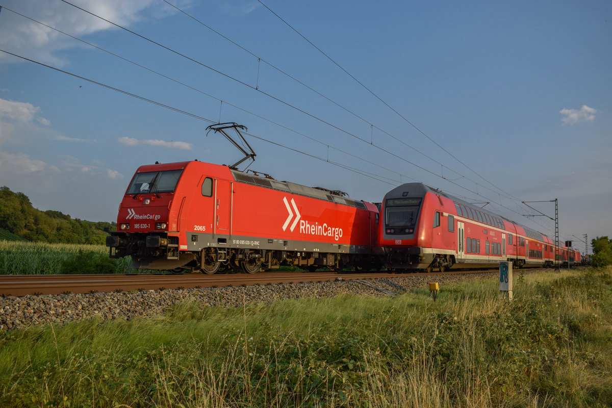 Am Abend des 25.07.2018 wurde mit 185 630 fast durch einen Regionalzug zugefahren, als sie in Richtung Buggingen rollt.