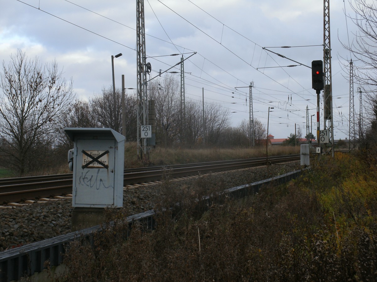 Am Einfahrsignal A von Bergen/Rügen steht noch der ehmalige Signalfernsprecher.Aufgenommen am 17.November 2013.