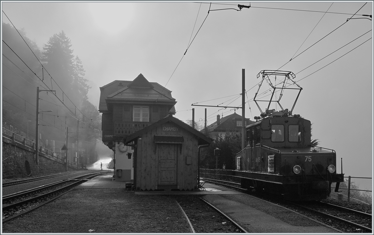 Am folgenden Tag am Morgen bei der Abfahrt des ersten Zuges von Blonay nach Chaulin in Chamby zog Nebel auf und sorgte für eine interessante Szene. 

 La DER 2021 du Blonay-Chamby  - Der +GF+ Ge 4/4 75 verlässt Chamby in Richtung Chaulin.

31. Oktober 2021