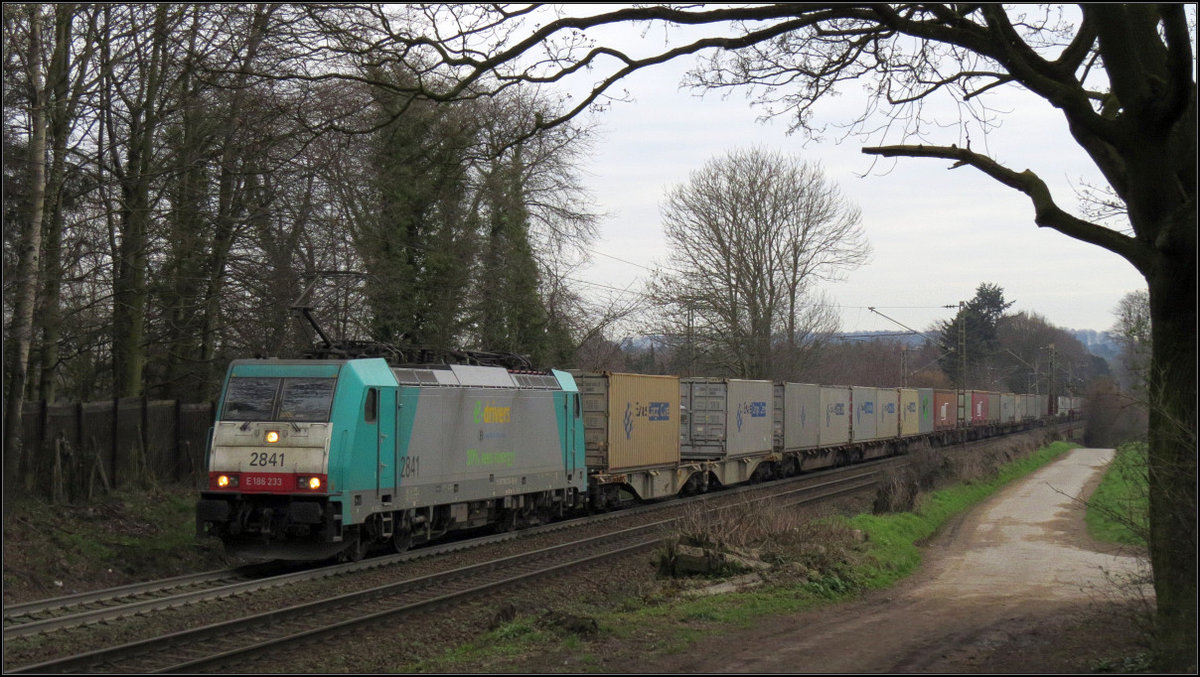 Am frühen Morgen des 02.April 2016 ist die belgische 2841(E-186) mit einen Containerzug auf der Montzenroute unterwegs hinauf zum Gemmenicher Tunnel. Hier zu sehen am Friedrichweg unweit von Aachen am Fuße des Friedichwaldes.