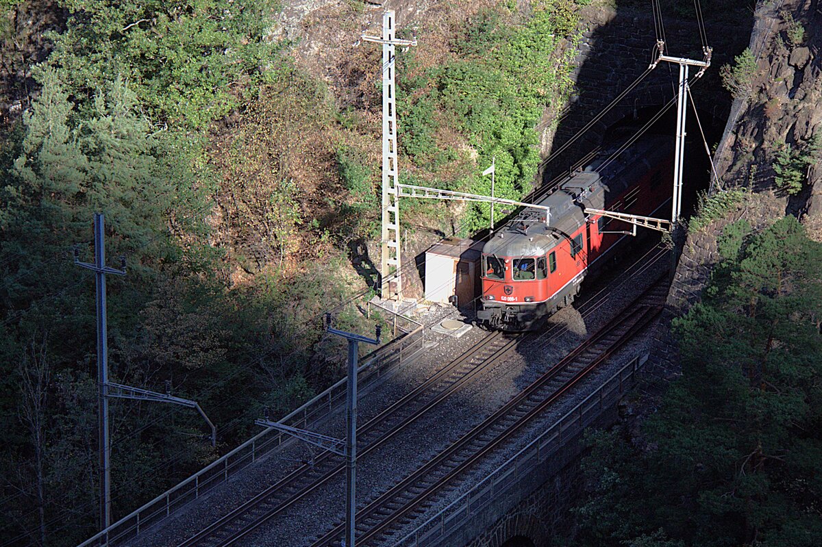 Am fr�hen morgen des 12.08.2026 erscheint die Front der Lok kurz im Sonnenlicht. Sonst liegt das Umfeld des Ch�rstenenbachviadukts noch tief im Schatten. Der Zug verl�sst gerade den kleinen Tunnel bei Silenen.