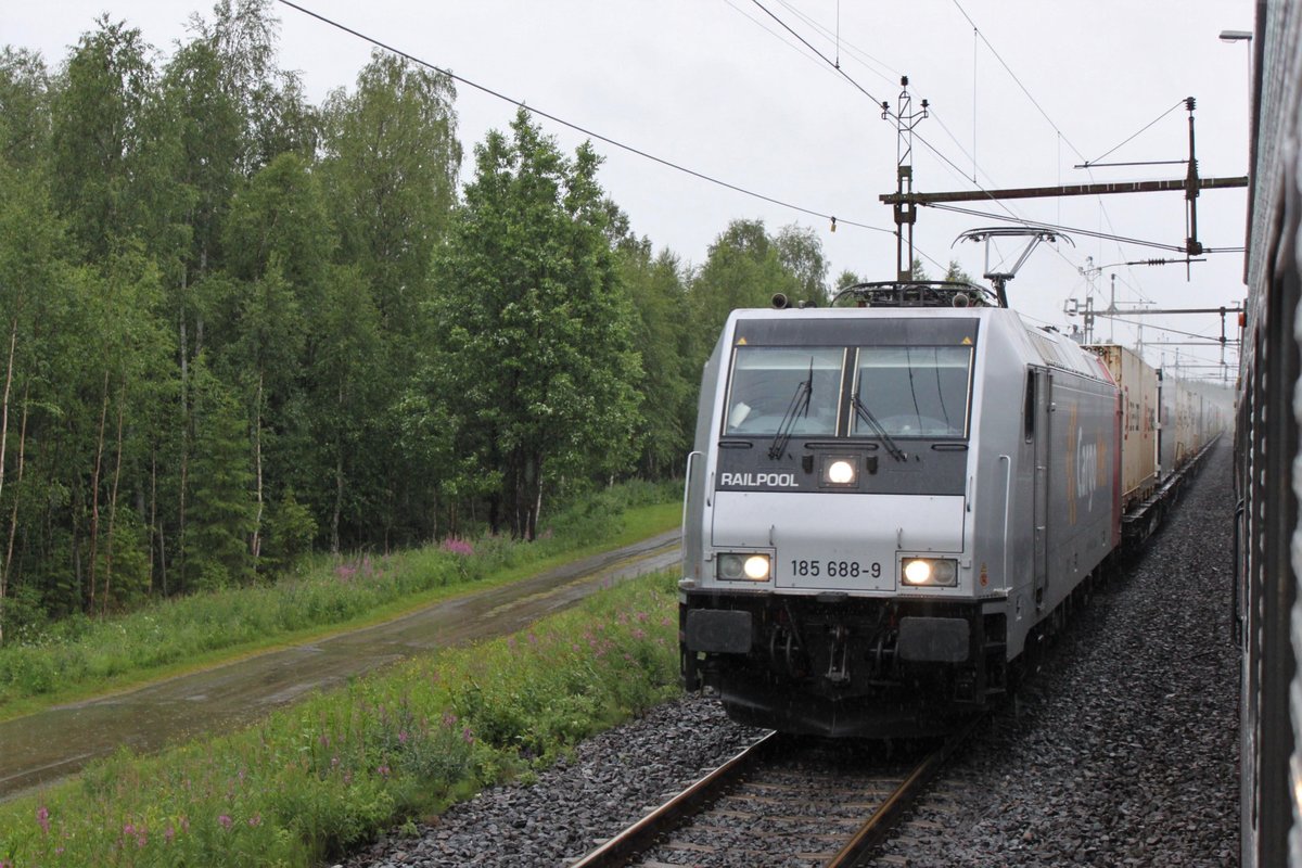 Am frühen Morgen des 18.07.2017 begegnen sich Nattåg 94 nach Narvik und 185 688 mit einem Containerzug in Richtung Süden auf der Erzbahn nördlich von Boden.