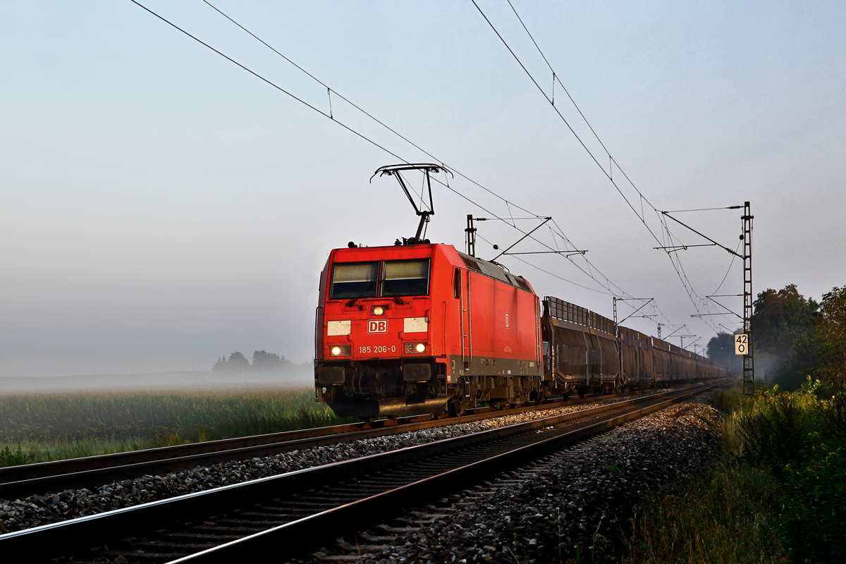 am frühen Morgen donnert die 185 206-0 in Burgstall mit einem Autoleerzug Richtung Süd vorüber.Bild vom 12.9.2016