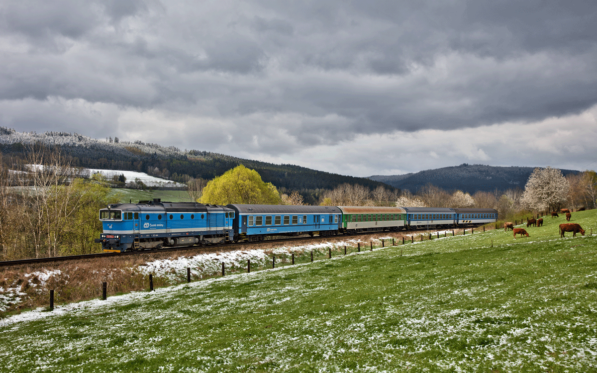 Am frühen Morgen verirrt sich ein kleiner Lichtstrahl zwischen den schneebeladenen Wolken hindurch auf die Strecke,während die 754 041-2 mit dem Os 7504 Richtung Bayrisch Eisenstein unterwegs ist.Bild vom 19.4.2017
