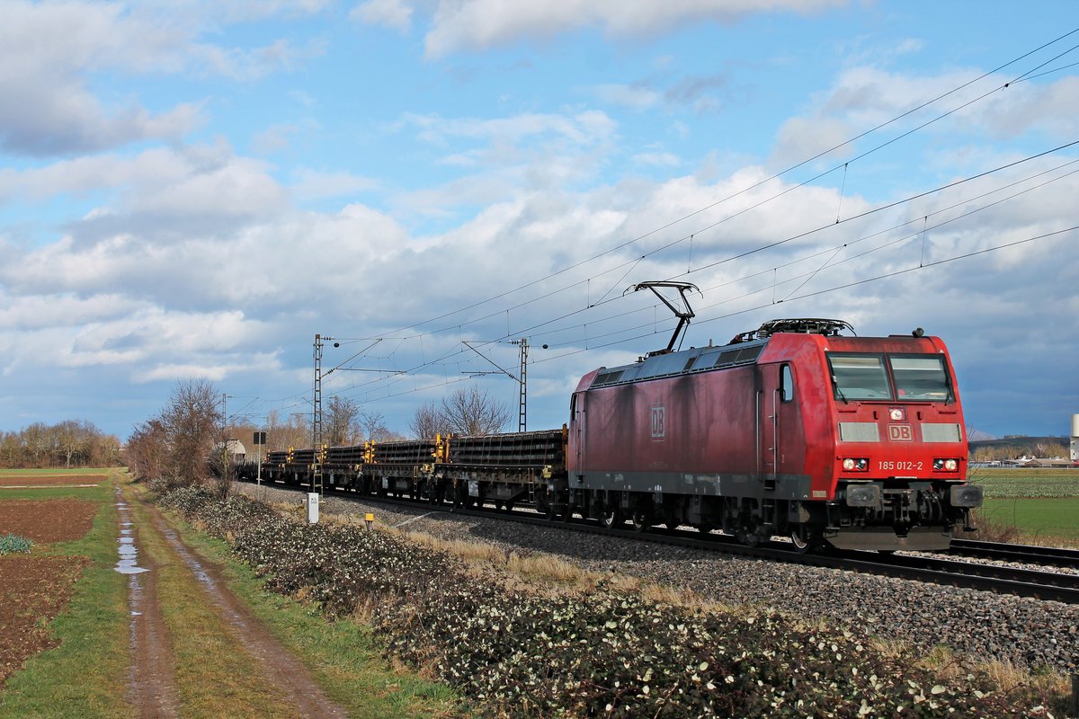Am frühen Nachmittag des 28.01.2020 fuhr die 185 012-2 mit einem gemischten Güterzug (Mannheim Rbf - Basel Bad Rbf) südlich von Buggingen über die Rheintalbahn durchs Markgräflerland in Richtung Schweiz.