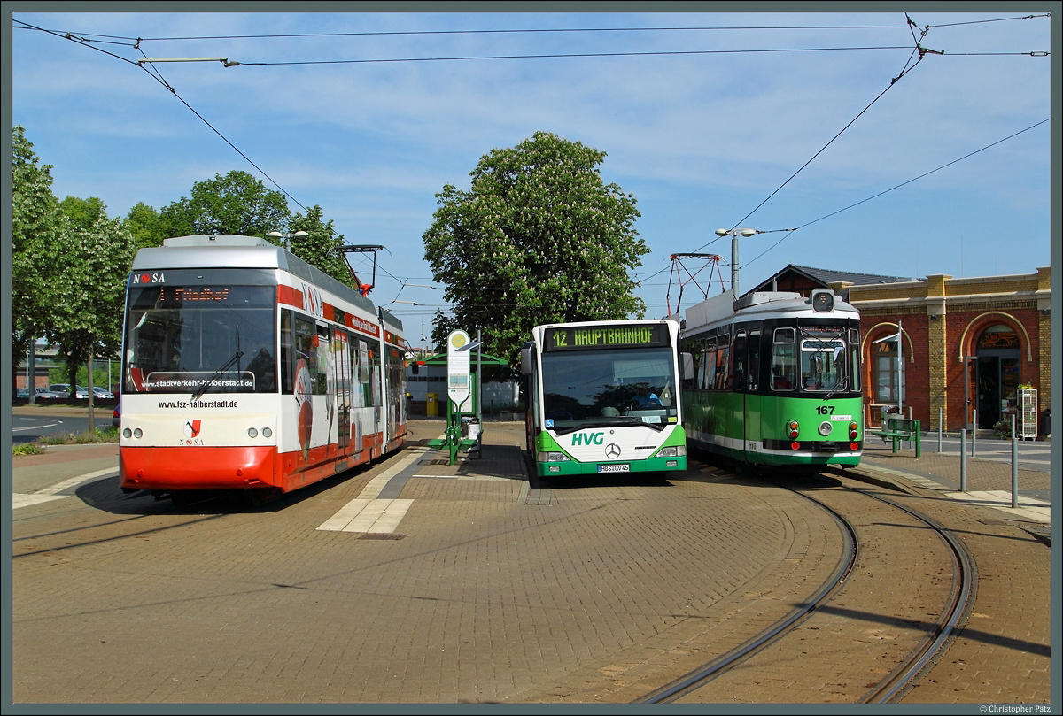 Am Hauptbahnhof treffen sich die Linien 1, 2 und 12 der Halberstädter Verkehrs-GmbH (HVG) aufeinander. Links ein Leoliner, in der Mitte ein Mercedes Citaro und rechts der GT 4 Zweirichter 167. (Halberstadt, 21.05.2014)