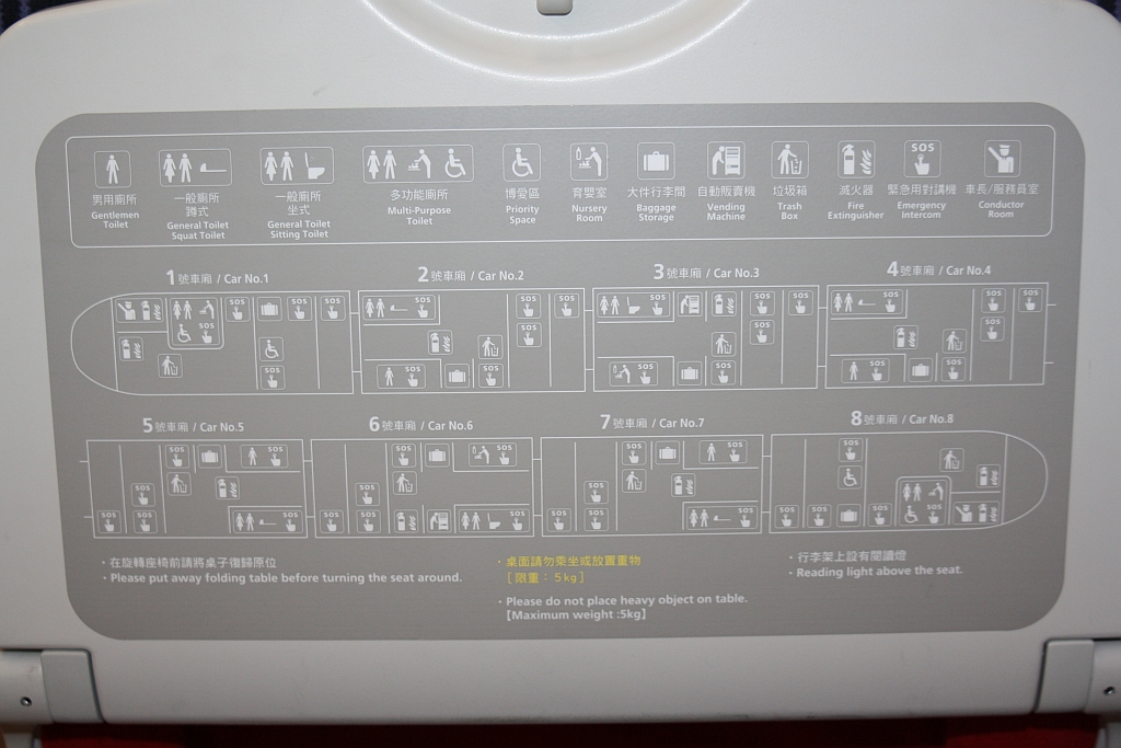 Am Klapptisch angebrachter Übersichtsplan eines TEMU 2000. Man beachte die Vielzahl der Toilettentypen. Die  Gentlemen Toilet  ist übrigens als Pissoir ausgeführt. Detail im TEP2017 am 09.Juni 2014.
