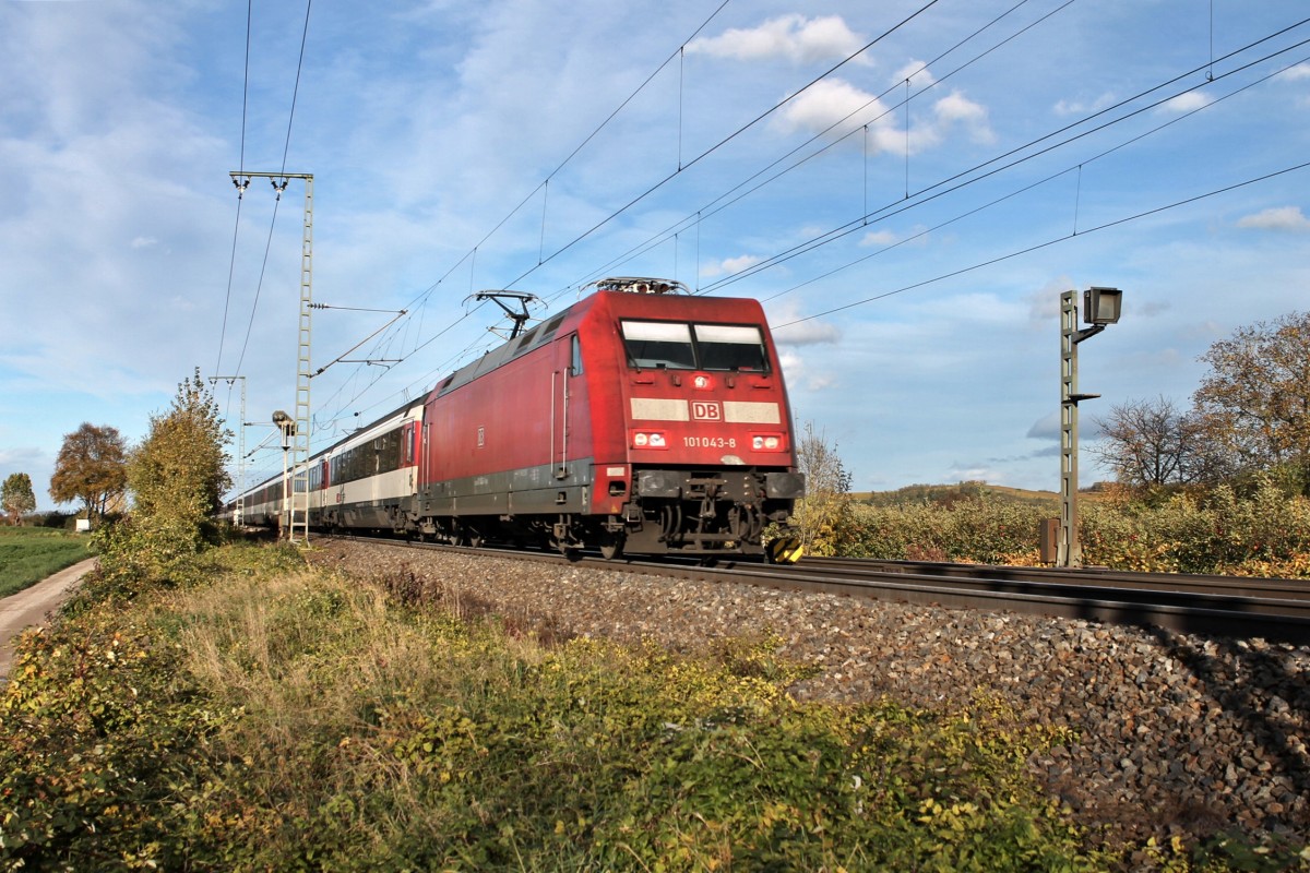 Am Mittag des 09.11.2013 fuhr 101 043-8 mit dem EC 9 (Hamburg-Altona - Chur) an der nrdlichen Einafhrt von Mllheim (Baden) gen Basel durch.