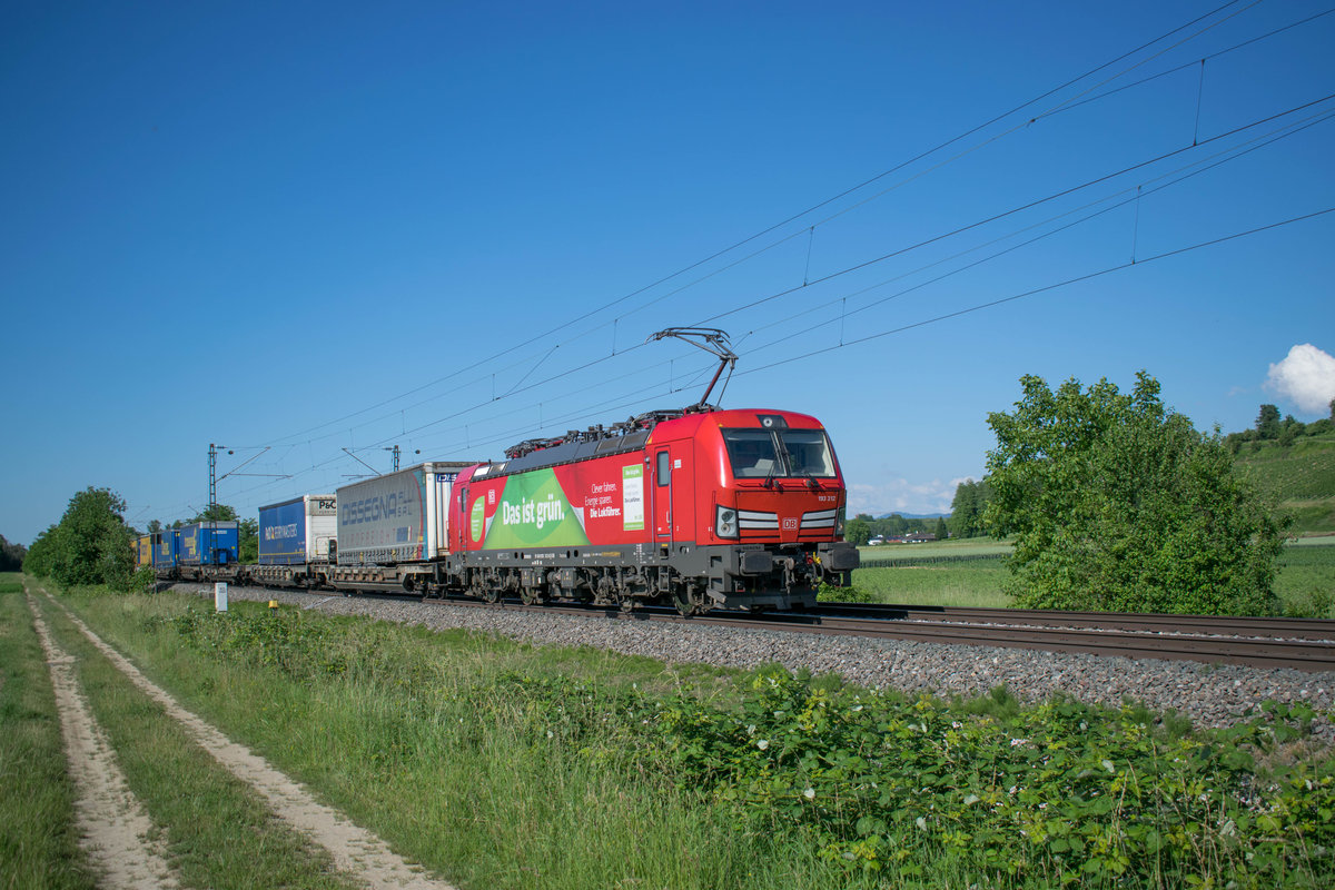 Am Mittag des 13.06.2019 ist 193 312 auf der Fahrt von Zeebrugge nach Novara. Aufgenommen zwischen dem Hp Buggingen und dem Bf Müllheim (Baden).