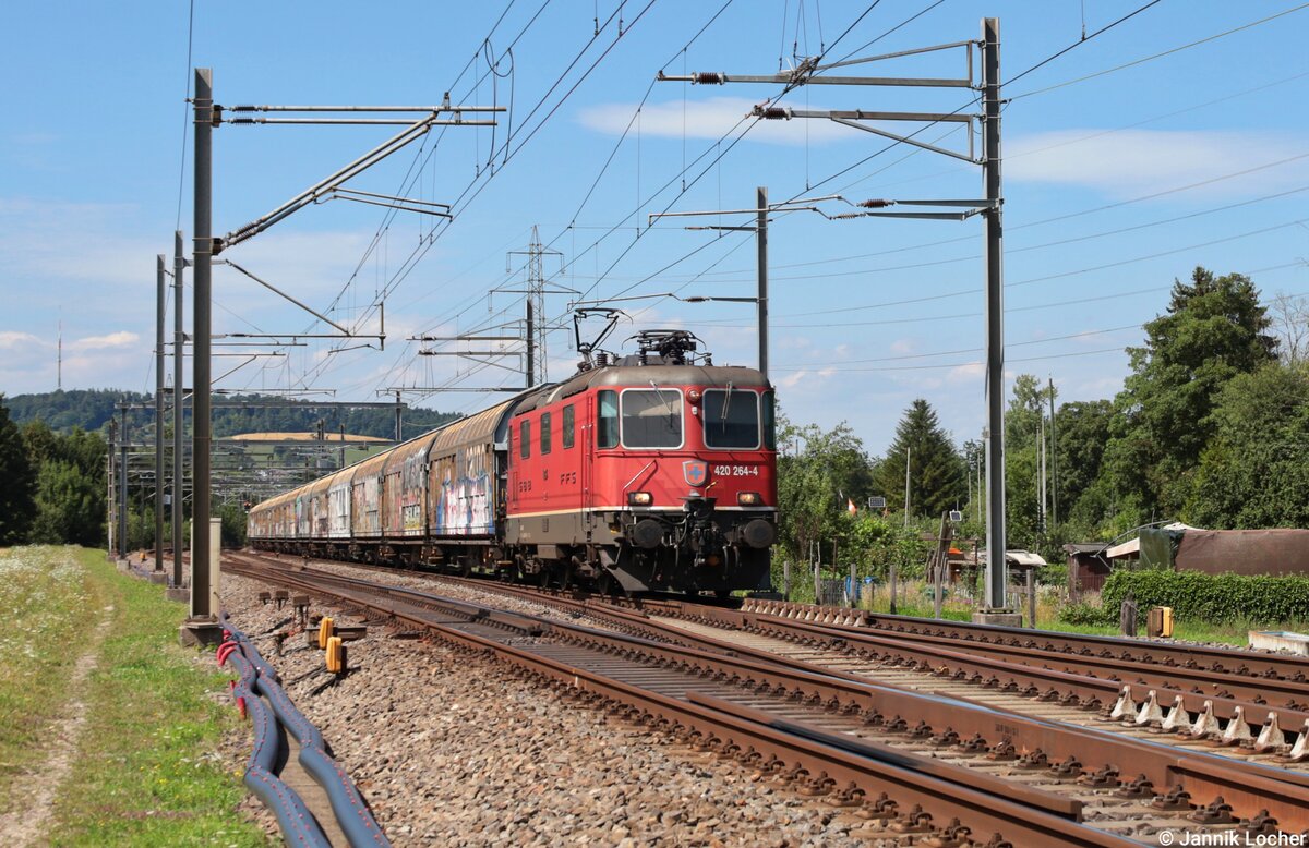 Am Mittag des 18. Juli 2025 war ich auf der Durchreise in die Zentralschweiz, bei einer Pause kam die SBB Cargo Re 420 264 mit einem Schiebewandwagenzug durch Winterthur-T�ss in Richtung Z�rich. 
