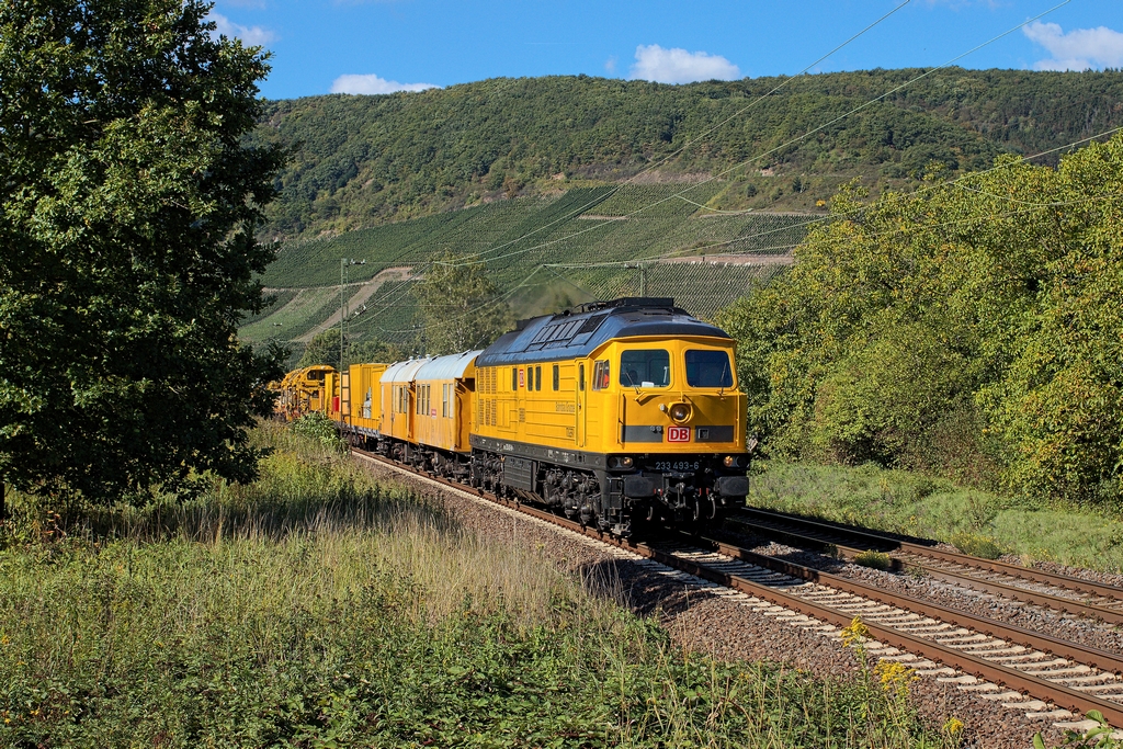 Am Mittag des 27.9.2015 kam die 233 493 mit Bauzug durch Osterspai rheinabwärts