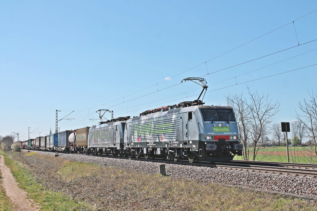 Am Mittag des 31.03.2020 fuhr MRCE/SBBC ES 64 F4-090 (189 990-5)  Novelis/Göttingen  zusammen mit der MRCE/SBBC ES 64 F4-094 (189 994-7)  Novelis/Sierre  und dem DGS 40134 (Gallarte - Rotterdam Waalhaven) bei Hügelheim über die Rheintalbahn durchs Markgräflerland in Richtung Freiburg (Breisgau).