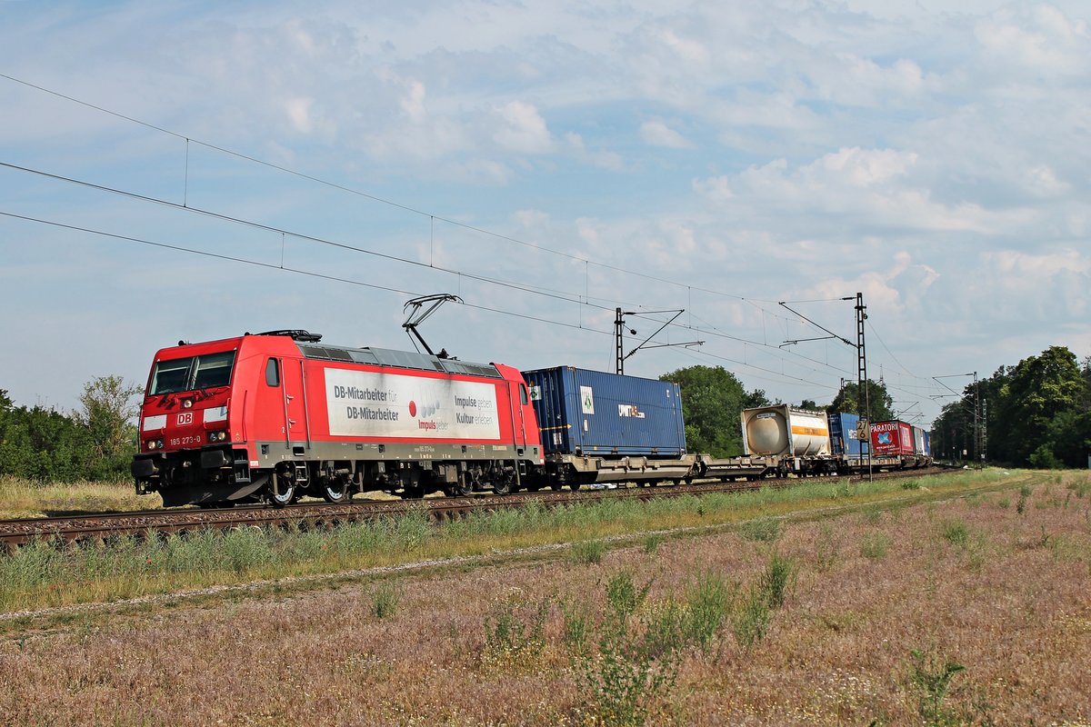 Am Morgen des 03.06.2020 fuhr 185 273-0  Impulsgeber  mit dem KT 40215 (Zebrugge Bundel - Luino), welchen sie von Aachen West bis Basel SBB RB bespannte, südlich von Neulußheim über die Rheintalbahn in Richtung Waghäusel.
