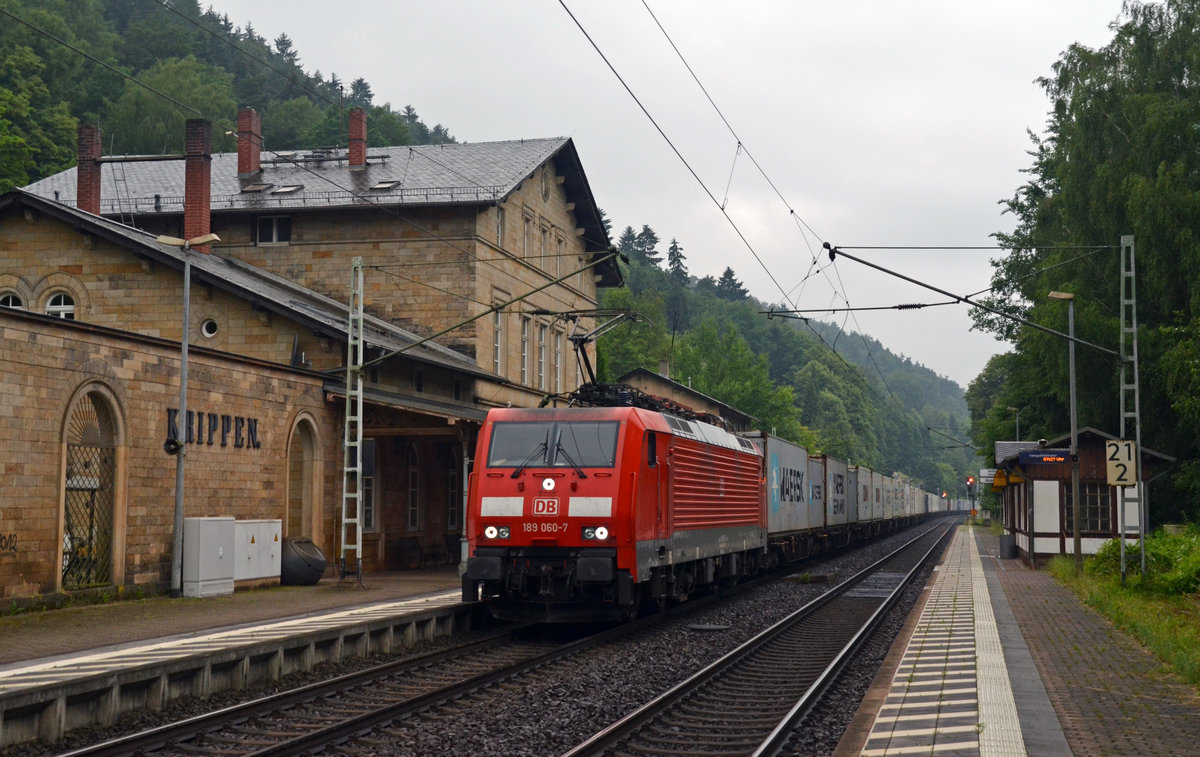 Am Morgen des 13.06.16 zog 189 060 einen Containerzug durch Krippen Richtung Decin.