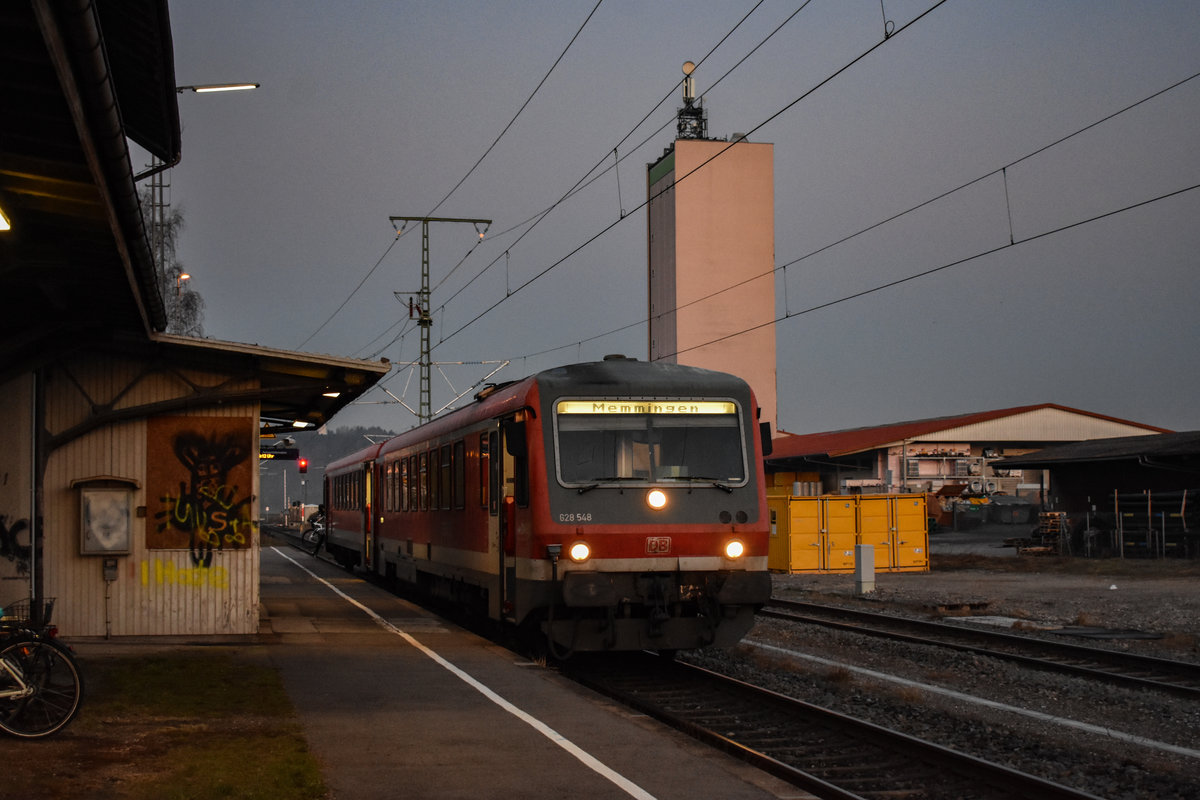 Am morgen des 18.03.20 macht 628 548 als RB nach Memmingen einen halt in Tannheim(Württ)