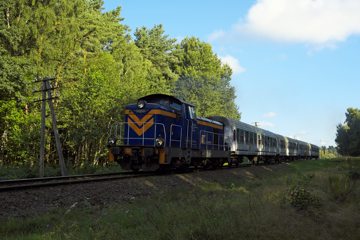 Am Morgen des 23. August 2017 war SM 42-454 mit dem saisonal verkehrenden IC - TLK 50156 SARBSKO von Łeba nach Lębork bei Żarnowska im Streiflicht unterwegs.