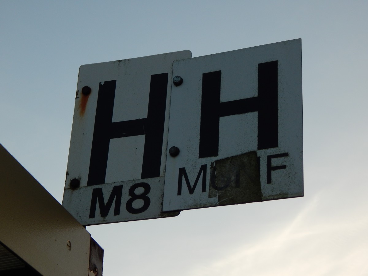 Am Morgen des 28.12 hatte ich mal die stillgelegte Straßenbahnstrecke am Mülheimer Flughafen abfotografiert, wobei ich diese beiden Haltetafeln entdeckte. Am unteren Schildrand steht jeweils für welches Fahrzeug die Haltetafel gilt.

Mülheim 28.12.2015