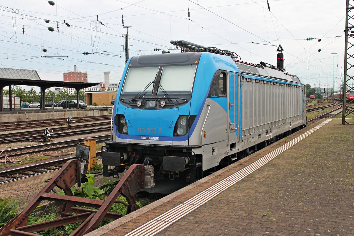 Am Morgen des 29.06.2015 stand 187 003-9  Hans-Werner  auf Gleis 95 im Badischen Bahnhof von Basel abgestellt, nachdem sie Messfahrten in der Schweiz unternommen hat.