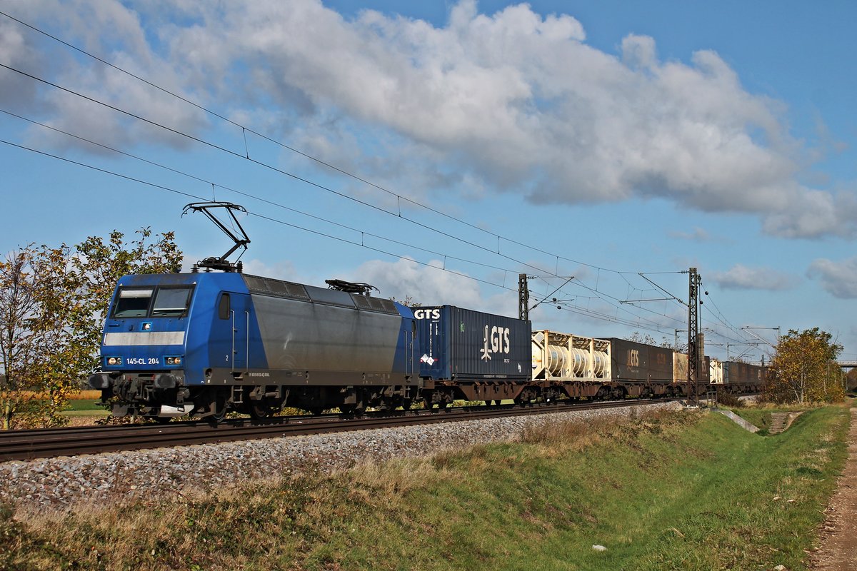 Am Morgen des 30.10.2017 bespannte ATLD/XRAIL 145-CL 204 (145 100-4) einen  GTS -Containerzug, den sie von Aachen West bis Muttenz bespannen wird, als sie bei Hügelheim in Richtung Schweiz fuhr.