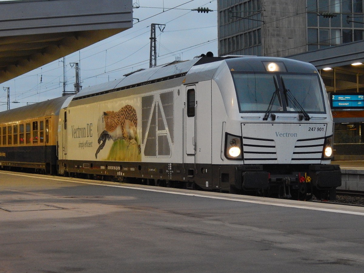 Am Morgen des 8.11 kam die 247 901 vom Prüfcenter Wegberg mit dem DPE 80328 nach Wernigerode in den Bahnhof Essen eingefahren wo sie schon von den Passagieren erwartet wurden. In Essen warteten lediglich 2 Fotografen auf die Diesel Vectron.
Ursprünglich sollte die PCW7 den Sonderzug ziehen diese war aber am selben Tag mit Messfahten mit den 407 ICE Velaro D beschäftigt.

Essen 08.11.2014