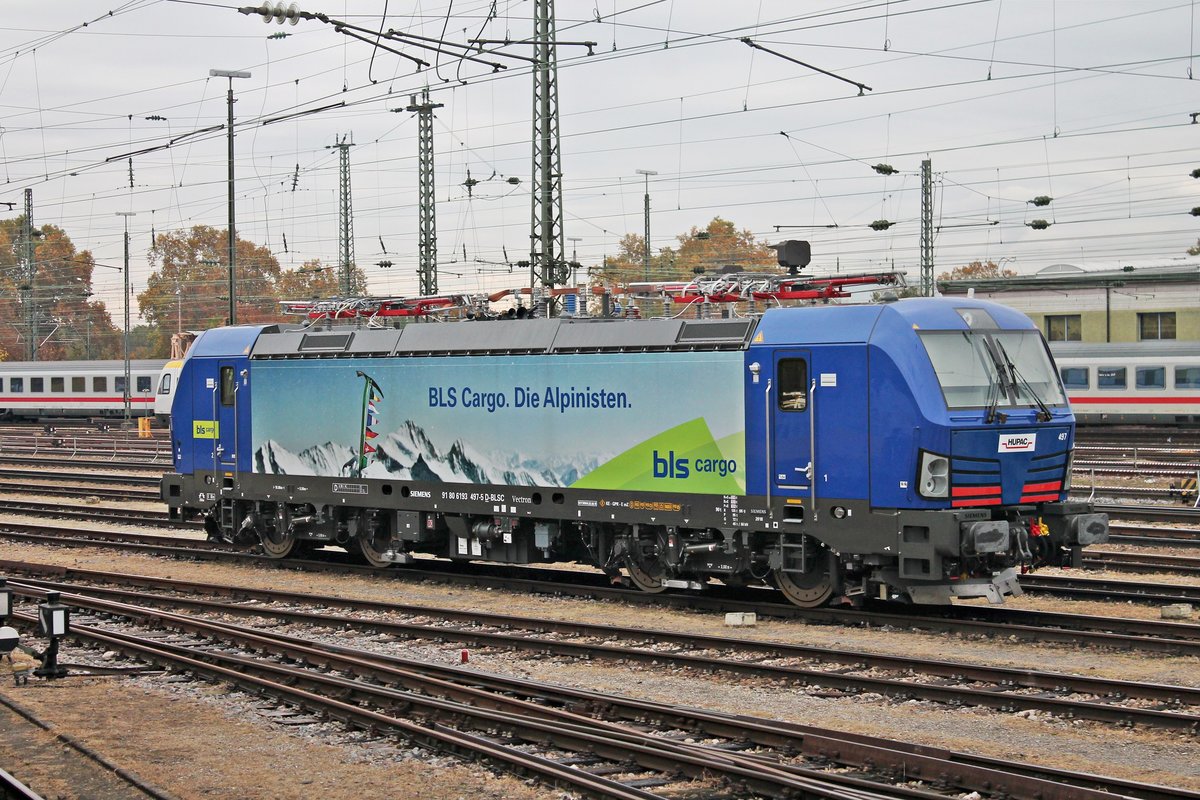 Am Nachmittag des 02.11.2018 stand HUPAC/BLSC 193 497  BLS Cargo. Die Alpinisten.  abgetstellt im BLSC-Abstellbereich im Badischen Bahnhof von Basel und wartete dort auf ihren nächsten Einsatz.