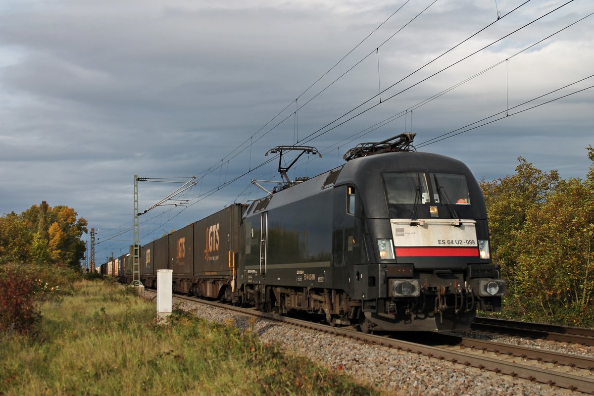 Am Nachmittag des 05.10.2017 fuhr MRCE/XRAIL ES 64 U2-099 (182 599-1) mit einem langen  GTS -Containerzug, welche sie seit Aachen West bespannte, bei Buggingen durchs Markgräflerland in Richtung Schweizer Grenze.