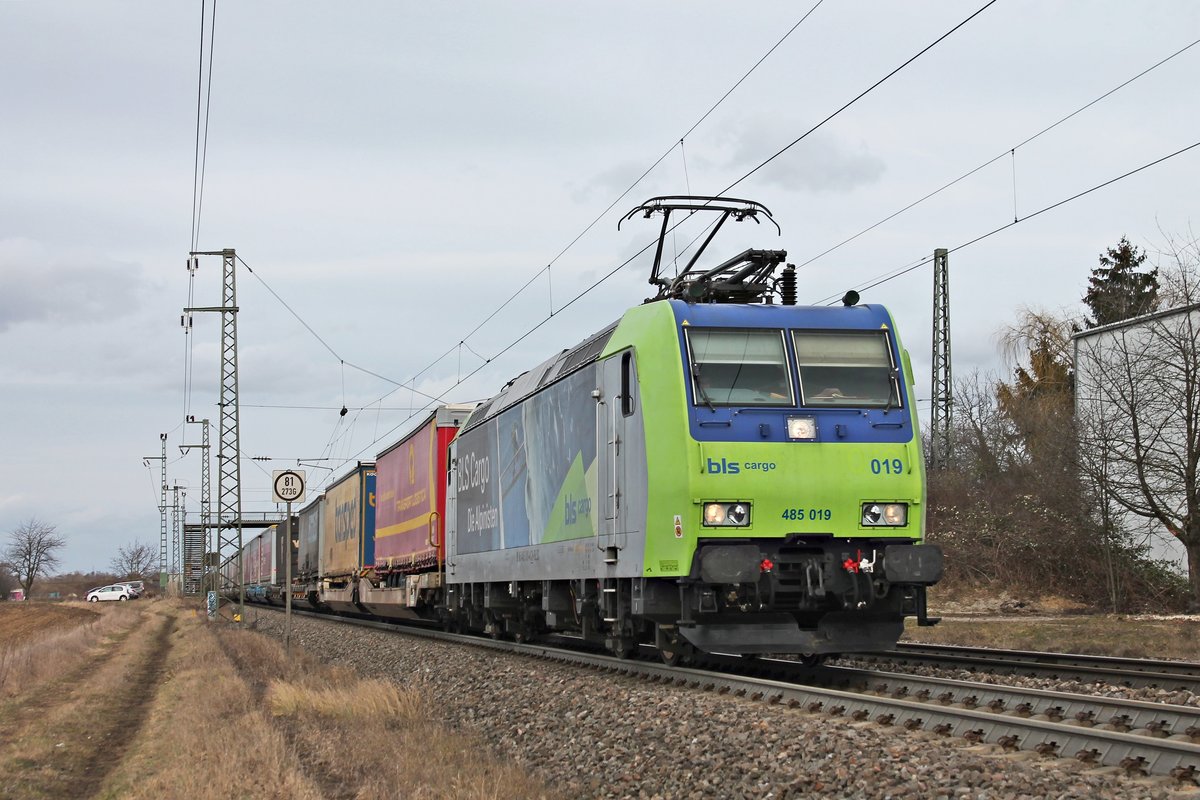 Am Nachmittag des 09.02.2019 fuhr Re 485 019 mit einem bunten KLV aus Belgien, den sie seit Aachen West bespannte, südlich vom Hp. Auggen über die KBS 703 in Richtung Schweizer Grenze.