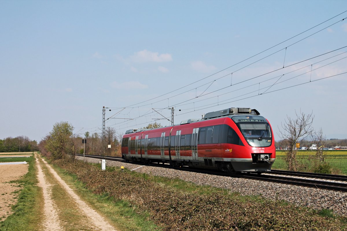 Am Nachmittag des 09.04.2020 fuhr der Haltinger 644 035 als Leerzug südlich von Buggingen über die Rheintalbahn durchs Markgräflerland in Richtung Schweizer Grenze.