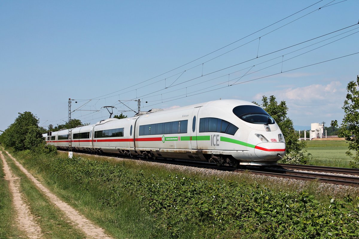 Am Nachmittag des 19.05.2020 fuhr 403 507-7  Oberhausen  als ICE 107 (Köln Hbf - Basel SBB) südlich von Buggingen über die Rheintalbahn durchs Markgräflerland in Richtung Müllheim (Baden).