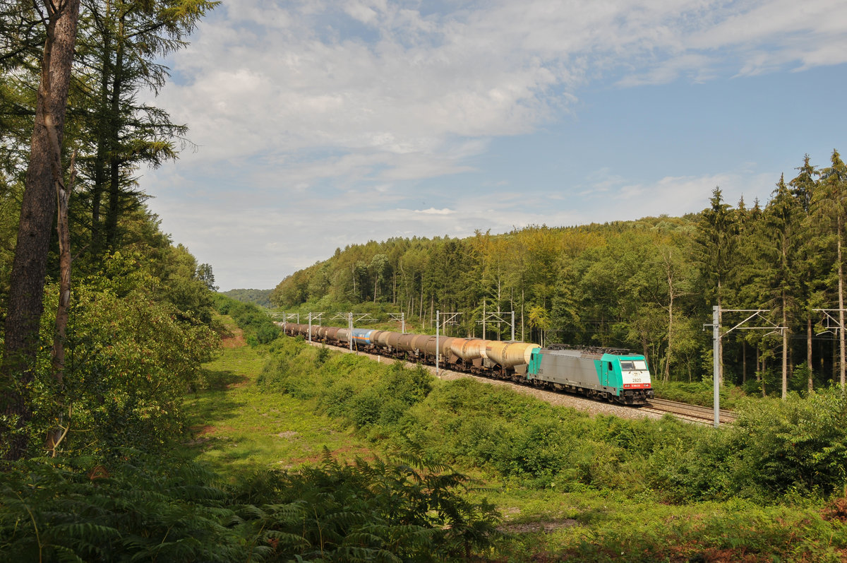 Am Nachmittag des 21/08/2011 zog 186 212 alias 2820 einen Kesselwagenzug durch den Gemmenicher Wald in Richtung Montzen.