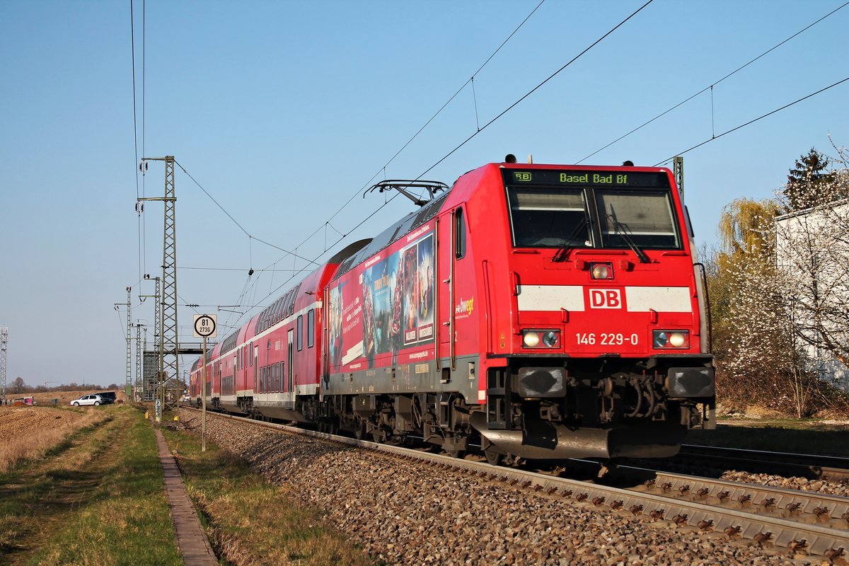 Am Nachmittag des 29.03.2019 fuhr 146 229-0  Europa Park  mit ihrer RB (Offenburg - Basel Bad Bf) südlich vom Hp. Auggen über die KBS 703 in Richtung Schliengen fuhr.