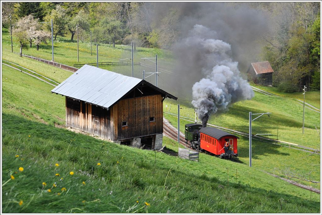 Am nächsten Sonntag beginnt die Dampfsaison auf der Rorschach Heiden Bergbahn. Zufälligerweise konnte ich die Kesselinspektionsfahrt von Rorschach nach Heiden mitverfolgen.Alle Aufnahmen der Lok Rosa (ex Maschinenfabrik Rüti ZH) entstanden zwisen Schwendi und Heiden. (28.04.2016)