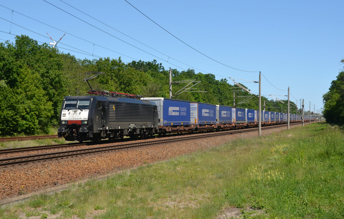 Am Pfingstmontag (01.06.20) führte 189 806 einen Miratrans-KV für ihren Mieter LTE durch Burgkemnitz Richtung Bitterfeld.