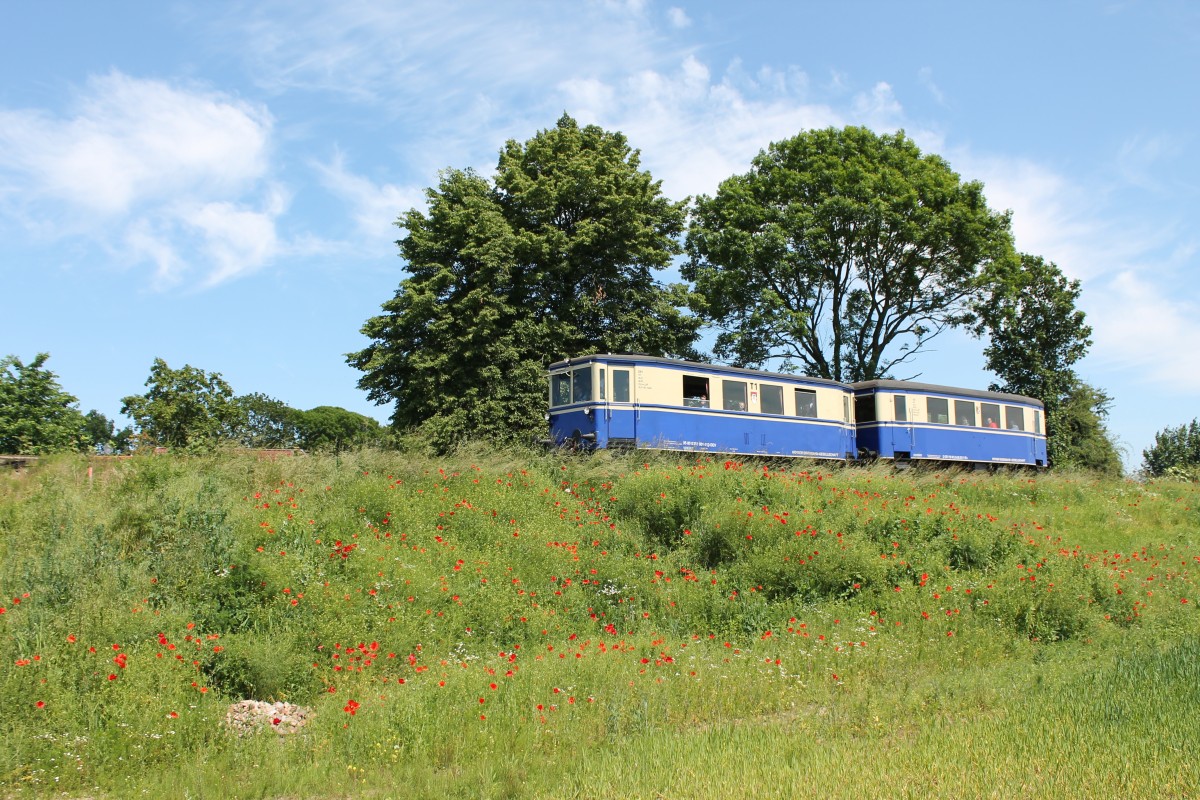 Am SA 31.05.2014 wurden bis auf den ersten und letzten Zug alle Kurse mit Beiwagen gefahren, hier der T1 mit Beiwagen aus Richtung Eystrup kommend auf dem Damm zur Weserbrücke bei Hoya.
Am SA 31.05.2014 endeten alle Kurse in Bruchhausen-Vilsen, durchlaufende Züge bis Syke erst am folgenden SO 01.06.2014.