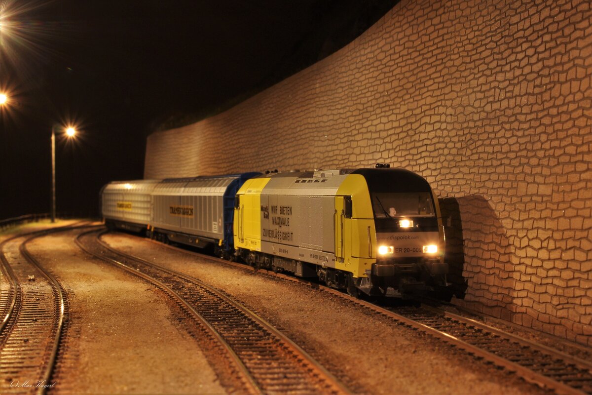 Am späten Abend des 17.9.2023 brachte die 2016 919 des EVU  MaxlRail  einige leere Schienewandwägen als SVG91723 von Villach Süd Gvbf nach Niedergams-Furth zur dort ansässigen Spedition.