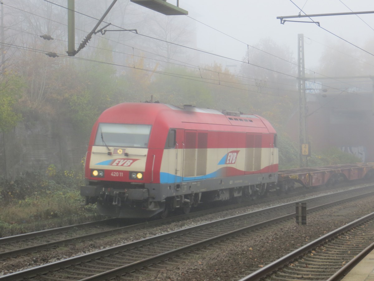 Am vernebelten 21.11.2014 durchfuhr der Eurorunner 420 11 der EVB mit einem leeren Containerzug den Bahnhof Hamburg-Harburg. Wenig später kam er mit einem Autotransportwagenzug wieder zurück. 